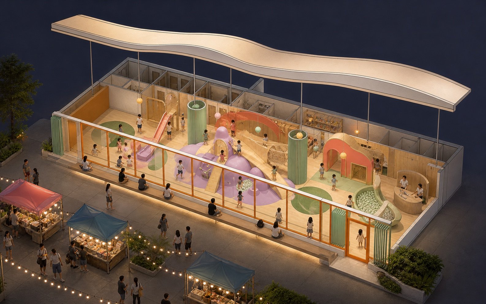 Indicative axonometric view of the current Little Ministry pavilion direction, glass wall, parent observation edge and nearby market stalls