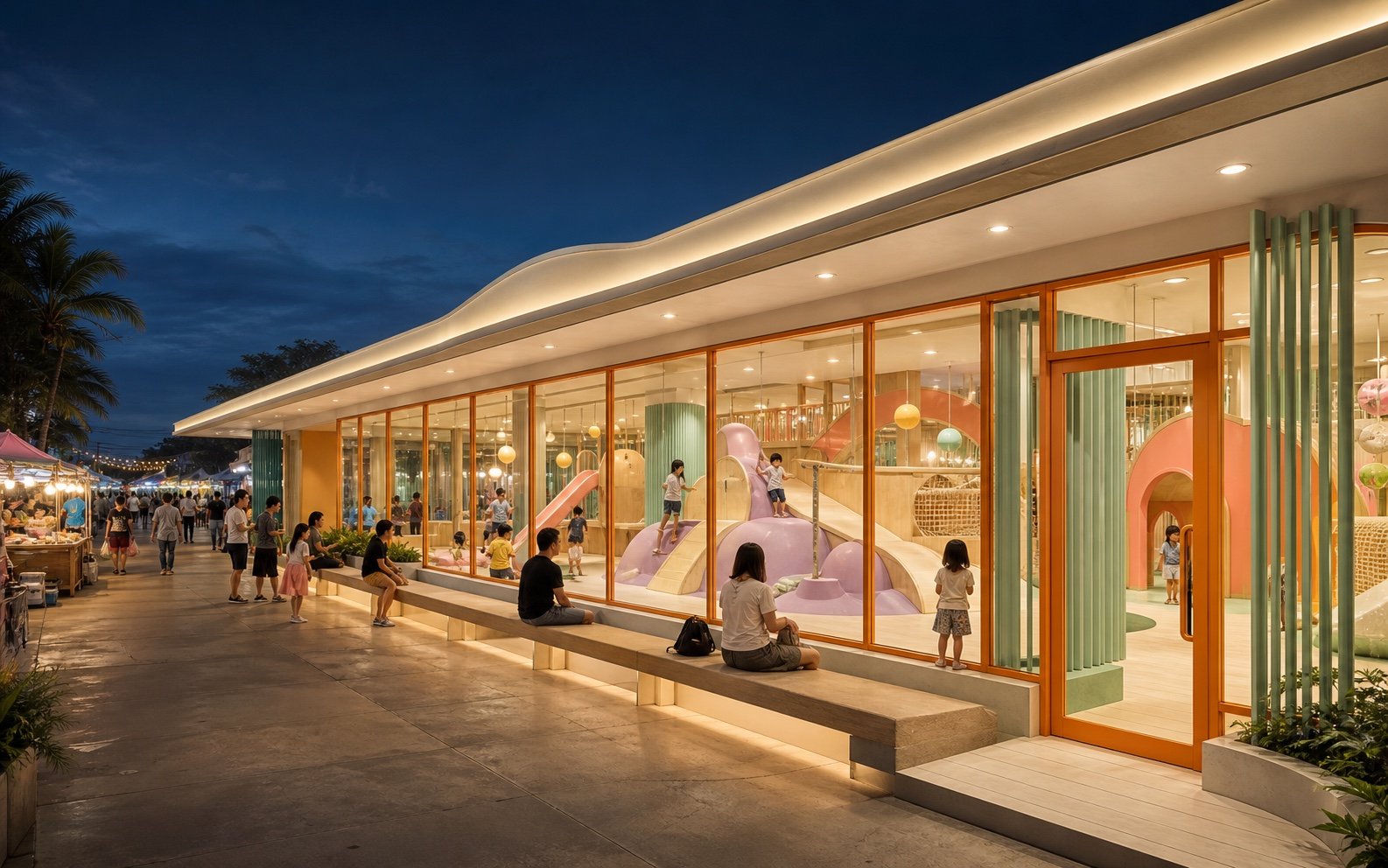 Concept view of the market-level Little Ministry pavilion with children playing inside and parents seated outside the glass