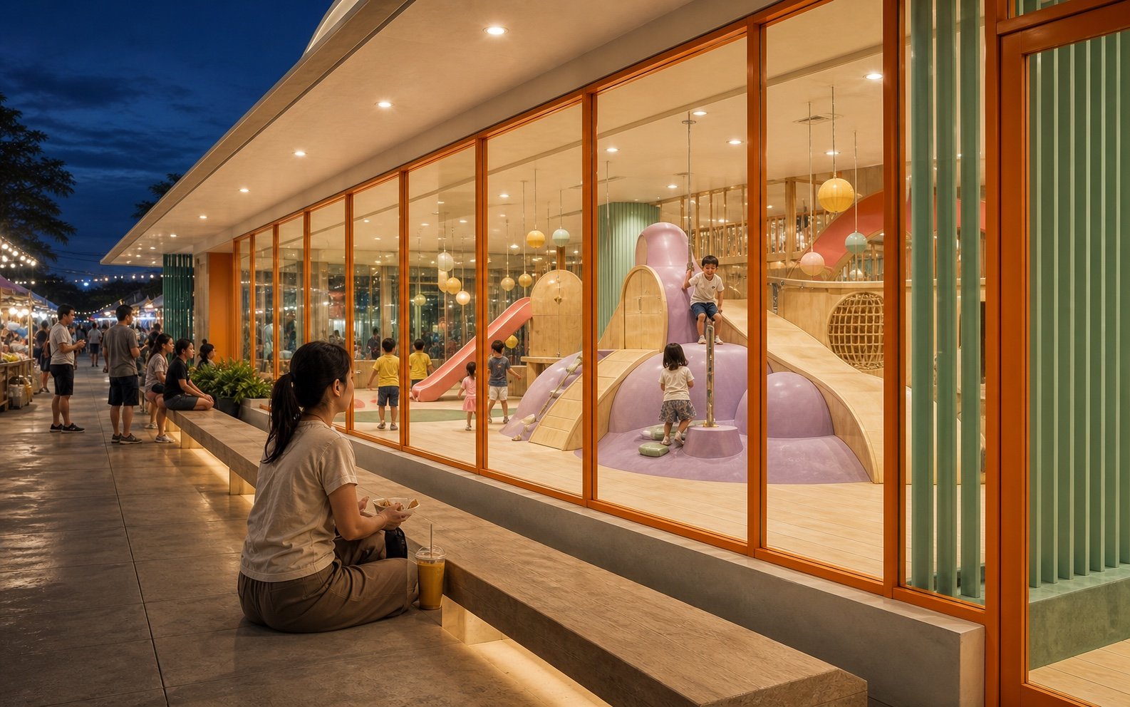 Concept view of a parent seated outside the glass wall while children play inside the same Little Ministry pavilion